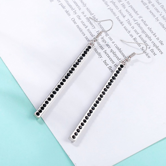 Any 2/$20! Silver Black Crystal Pave Bar Earrings - Picture 2 of 8